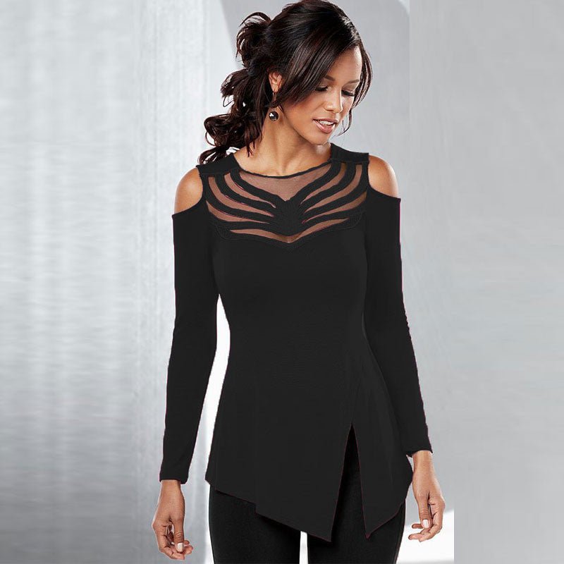Sexy Women's Top Mesh Embroidery Patchwork Tshirts Off Shoulder Top Tees Femme Long Sleeve T Shirts For Women