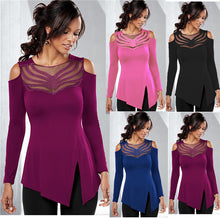 Sexy Women's Top Mesh Embroidery Patchwork Tshirts Off Shoulder Top Tees Femme Long Sleeve T Shirts For Women