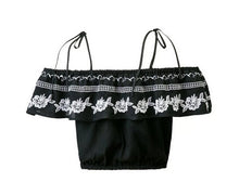 Sexy off Shoulder Ruffles Elastic Slash Neck Camis Women Embroidery Tee Short T-shirt crop top black color