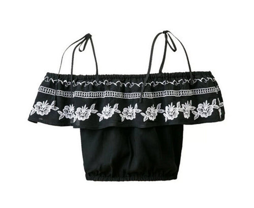 Sexy off Shoulder Ruffles Elastic Slash Neck Camis Women Embroidery Tee Short T-shirt crop top black color