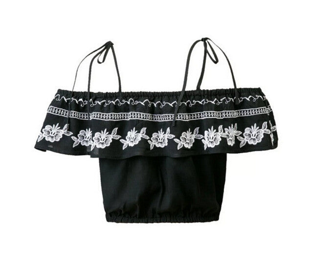 Sexy off Shoulder Ruffles Elastic Slash Neck Camis Women Embroidery Tee Short T-shirt crop top black color