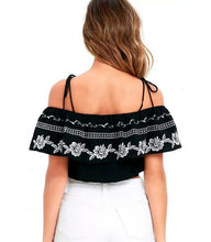 Sexy off Shoulder Ruffles Elastic Slash Neck Camis Women Embroidery Tee Short T-shirt crop top black color