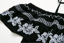 Sexy off Shoulder Ruffles Elastic Slash Neck Camis Women Embroidery Tee Short T-shirt crop top black color