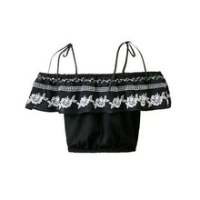 Sexy off Shoulder Ruffles Elastic Slash Neck Camis Women Embroidery Tee Short T-shirt crop top black color