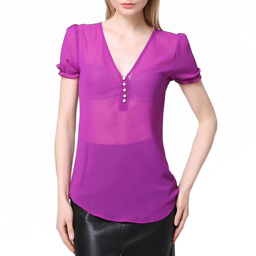 sheer-chiffon-shirt-women-blouse-deep-v-neck-button-front-women-tops-short-lantern-sleeve-blusas-purple BBL