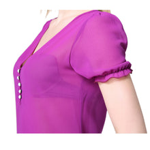 sheer-chiffon-shirt-women-blouse-deep-v-neck-button-front-women-tops-short-lantern-sleeve-blusas-purple BBL