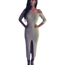 Slash Neck Split Bodycon Dress Sexy Women Dress Gray Slim Women Vestidos Club Midi Dress Plus Size Casual Dresses