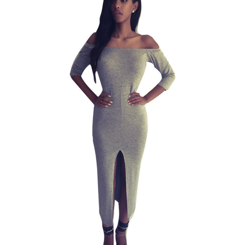 Slash Neck Split Bodycon Dress Sexy Women Dress Gray Slim Women Vestidos Club Midi Dress Plus Size Casual Dresses