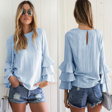 Slim Fit Skyblue Shirts Casual Solid Ruffle Sleeve Thin Blouse Plus Size Women's Round Neck Tops Blusa LX104