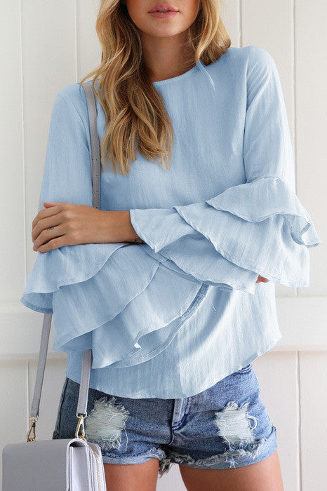 Slim Fit Skyblue Shirts Casual Solid Ruffle Sleeve Thin Blouse Plus Size Women's Round Neck Tops Blusa LX104