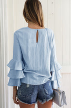 Slim Fit Skyblue Shirts Casual Solid Ruffle Sleeve Thin Blouse Plus Size Women's Round Neck Tops Blusa LX104