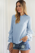 Slim Fit Skyblue Shirts Casual Solid Ruffle Sleeve Thin Blouse Plus Size Women's Round Neck Tops Blusa LX104