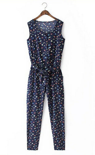 Small Floral Print Sleeveless Slim Overalls Coverall Long Pants With Sashes Rompers Women's Jumpsuit Bodysuit