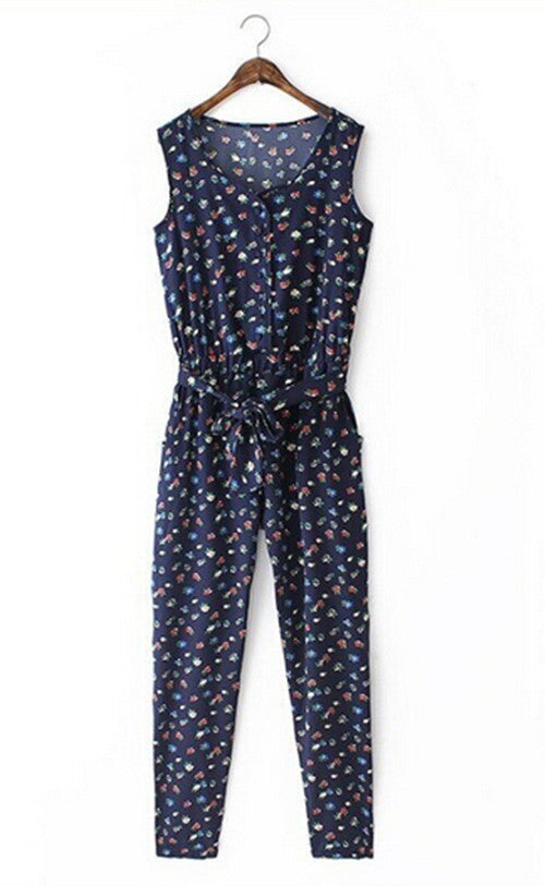 Small Floral Print Sleeveless Slim Overalls Coverall Long Pants With Sashes Rompers Women's Jumpsuit Bodysuit