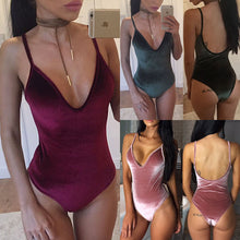 Spaghetti Strap Velvet Bodysuit Women Sleeveless Sexy Plunging V-Neck Jumpsuit Rompers Stylish Backless Bodycon Overalls
