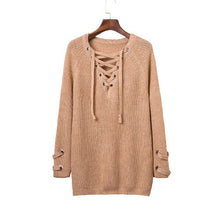 Lacing Up Women Sweaters And Pullovers Knitting Pull Femme Casual V Neck Loose Pullover Sweater Sueter Mujer