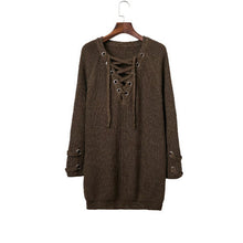 Lacing Up Women Sweaters And Pullovers Knitting Pull Femme Casual V Neck Loose Pullover Sweater Sueter Mujer