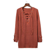 Lacing Up Women Sweaters And Pullovers Knitting Pull Femme Casual V Neck Loose Pullover Sweater Sueter Mujer