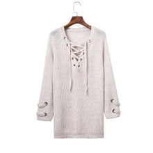 Lacing Up Women Sweaters And Pullovers Knitting Pull Femme Casual V Neck Loose Pullover Sweater Sueter Mujer