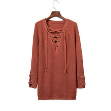 Lacing Up Women Sweaters And Pullovers Knitting Pull Femme Casual V Neck Loose Pullover Sweater Sueter Mujer