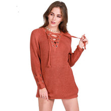 Lacing Up Women Sweaters And Pullovers Knitting Pull Femme Casual V Neck Loose Pullover Sweater Sueter Mujer
