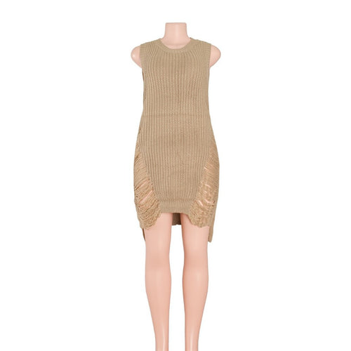 Sleeveless Ripped Tassel Sweater Dress Loose Knitted Sweater Women Sexy Destroyed Pull Femme Jumpers