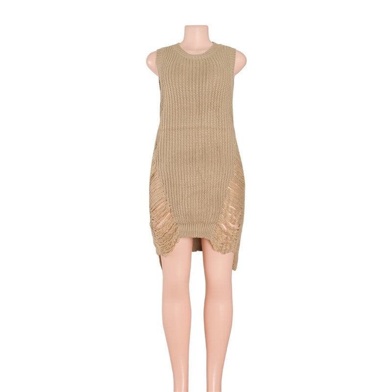 Sleeveless Ripped Tassel Sweater Dress Loose Knitted Sweater Women Sexy Destroyed Pull Femme Jumpers