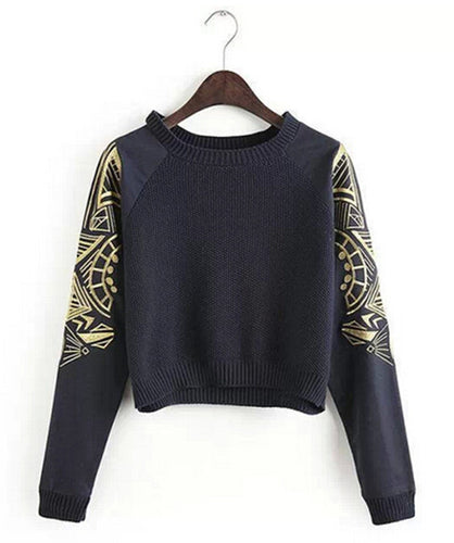 Women's Contrast Color Geometric Embroidery Knit Crew Neck Patchwork Long Sleeve Short Sweater Pullover