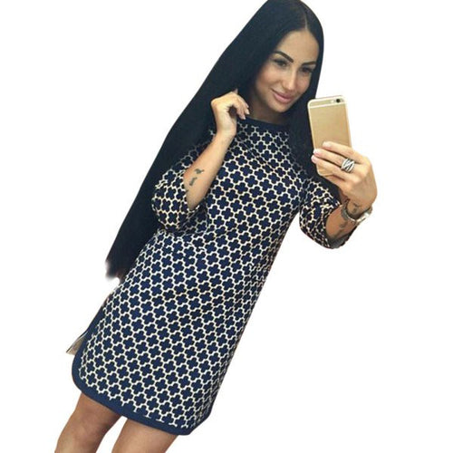 womens-plaid-cross-straight-casual-dress-o-neck-3-4-sleeve-above-knee-mini-dresses-vestidos BBL
