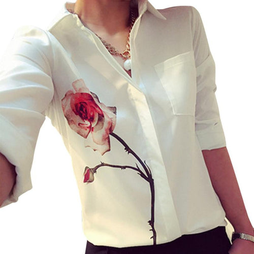 Rose Flower Printed Long Sleeve Blouse Women Turn Down Collar Chiffon Shirts White Big Size Women Office Shirt