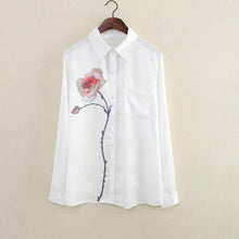 Rose Flower Printed Long Sleeve Blouse Women Turn Down Collar Chiffon Shirts White Big Size Women Office Shirt