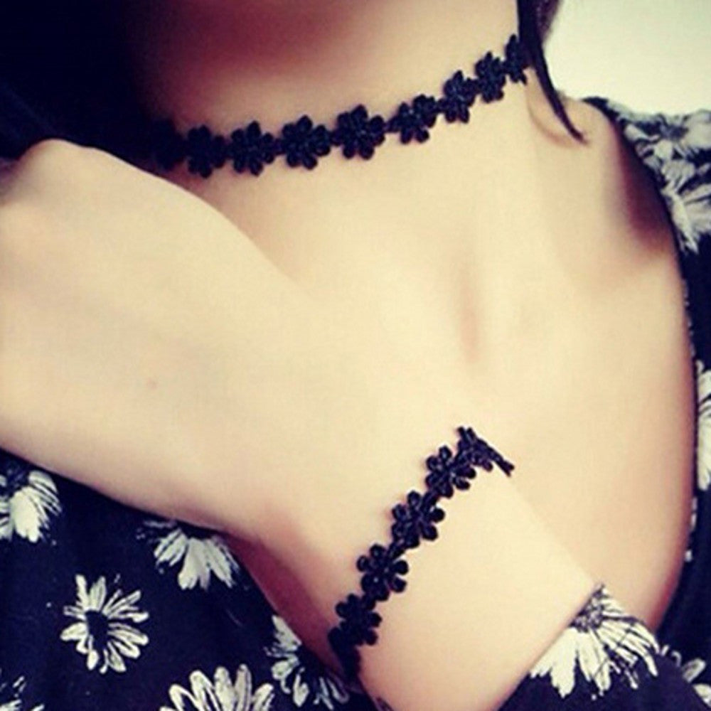 statement-choker-necklace-bracelet-black-daisy-flower-lace-jewelry-set-with-extended-chain-women-accessories BBL