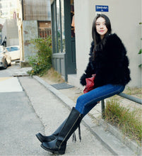 Striped Layer Faux Fur Jacket Coat 4 inches Long Hairy Long sleeve Slim Shaggy Outwear Women's Warm Faux fur Coat Black