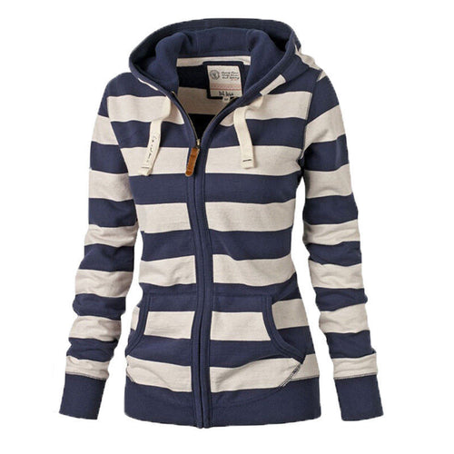 Striped Zipper Hoodies Sweatshirt Women Hooded Pullover Top Long Sleeve Jumper Top Hoodies M0468