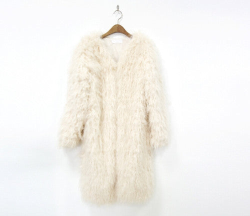 Stylish 4 inches Long Hairy Shaggy Faux Sheep Fur Coat Long sleeve Long Outwear Woman keep Warm Mid long Coat Tops