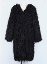 Stylish 4 inches Long Hairy Shaggy Faux Sheep Fur Long Coat Black Long sleeve Outwear Woman keep Warm Mid long Coat Tops
