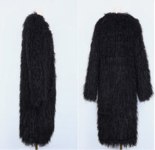 Stylish 4 inches Long Hairy Shaggy Faux Sheep Fur Long Coat Black Long sleeve Outwear Woman keep Warm Mid long Coat Tops