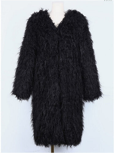 Stylish 4 inches Long Hairy Shaggy Faux Sheep Fur Long Coat Black Long sleeve Outwear Woman keep Warm Mid long Coat Tops