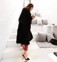 Stylish 4 inches Long Hairy Shaggy Faux Sheep Fur Long Coat Black Long sleeve Outwear Woman keep Warm Mid long Coat Tops