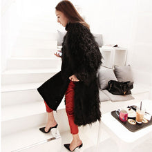 Stylish 4 inches Long Hairy Shaggy Faux Sheep Fur Long Coat Black Long sleeve Outwear Woman keep Warm Mid long Coat Tops