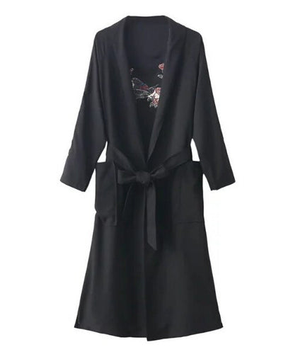 Stylish Back Flower Bird Embroidery Trench Woman Lapel Loose Drawstring Waist Coat Casual Outerwear 3 colors