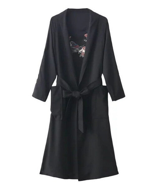 Stylish Back Flower Bird Embroidery Trench Woman Lapel Loose Drawstring Waist Coat Casual Outerwear 3 colors