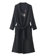 Stylish Back Flower Bird Embroidery Trench Woman Lapel Loose Drawstring Waist Coat Casual Outerwear 3 colors