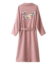 Stylish Back Flower Bird Embroidery Trench Woman Lapel Loose Drawstring Waist Coat Casual Outerwear 3 colors