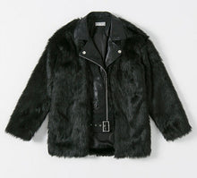 Stylish Black Faux Leather Spliced Long Hairy Shaggy Faux Fur Coat Woman Lapel Faux Fur Coats Warm Outerwear
