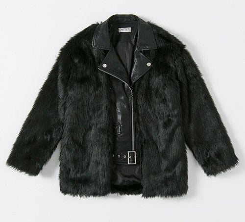 Stylish Black Faux Leather Spliced Long Hairy Shaggy Faux Fur Coat Woman Lapel Faux Fur Coats Warm Outerwear