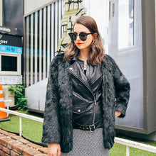 Stylish Black Faux Leather Spliced Long Hairy Shaggy Faux Fur Coat Woman Lapel Faux Fur Coats Warm Outerwear