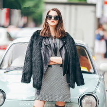 Stylish Black Faux Leather Spliced Long Hairy Shaggy Faux Fur Coat Woman Lapel Faux Fur Coats Warm Outerwear