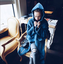 Stylish Blue Faux Suede Spliced Faux Fur Coat Women Hooded Faux Fur Jackets Mid Long Loose Outerwear