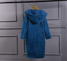 Stylish Blue Faux Suede Spliced Faux Fur Coat Women Hooded Faux Fur Jackets Mid Long Loose Outerwear